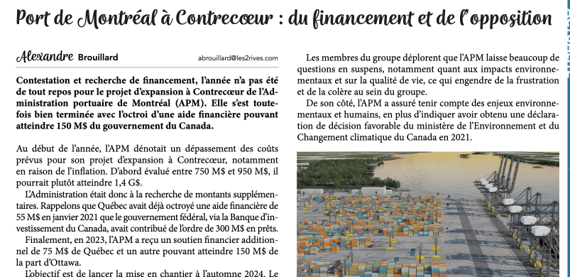 le 26 décembre 2023- Le port de Montréal à Contrecoeur : du financement et de l'opposition - Copier