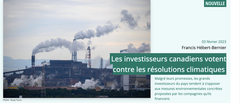 3 février 2023 - Les investisseurs canadiens votent contre les résolutions climatiques