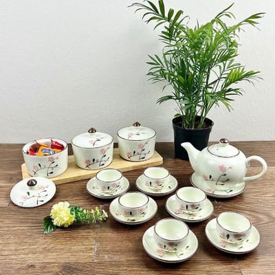 Khay mứt tết Bát Tràng họa tiết hoa đào đỏ BT3 đẹp