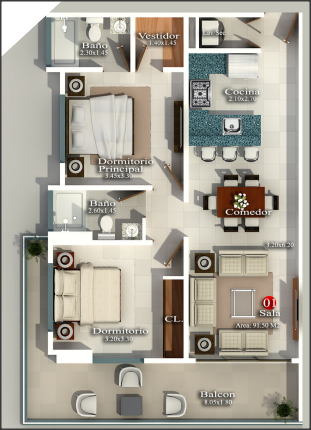Apartamento de 2 habitaciones con su balcón y un parqueo techado