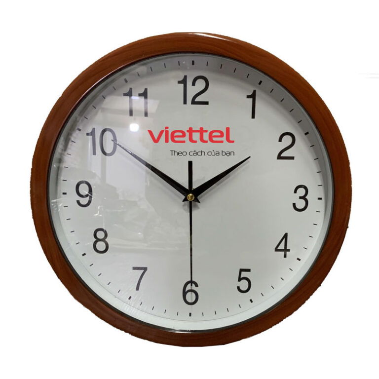 Đồng hồ treo tường gỗ đà in logo Viettel DHILGMEK22