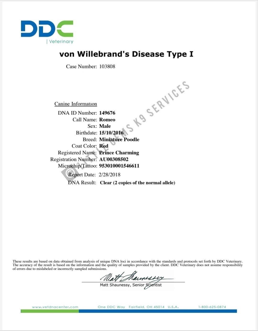 Romeo - VON WILLEBRANDS DISEASE TYPE 1 - Certificate