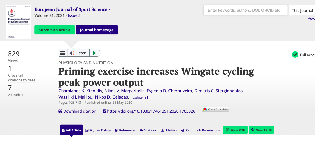 Priming exercise increases Wingate cycling peak power output. 2021 European Journal of Sport Science, 21:5, 705-713, DOI: 10.1080/17461391.2020.1765026