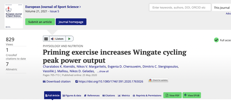 Priming exercise increases Wingate cycling peak power output. 2021 European Journal of Sport Science, 21:5, 705-713, DOI: 10.1080/17461391.2020.1765026