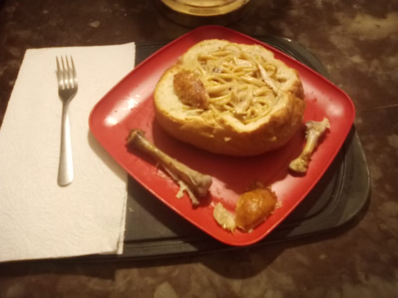 Roasted Chicken Pasta in a Kosher Bread Bowl