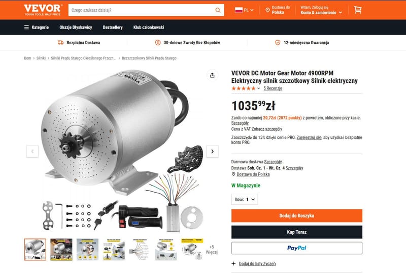 VEVOR DC 72V Motor Gear 4900RPM Elektryczny Silnik