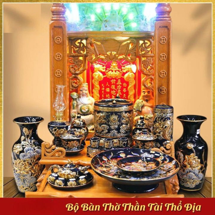 Set Đồ Thờ Thần Tài Ông Địa men xanh dương