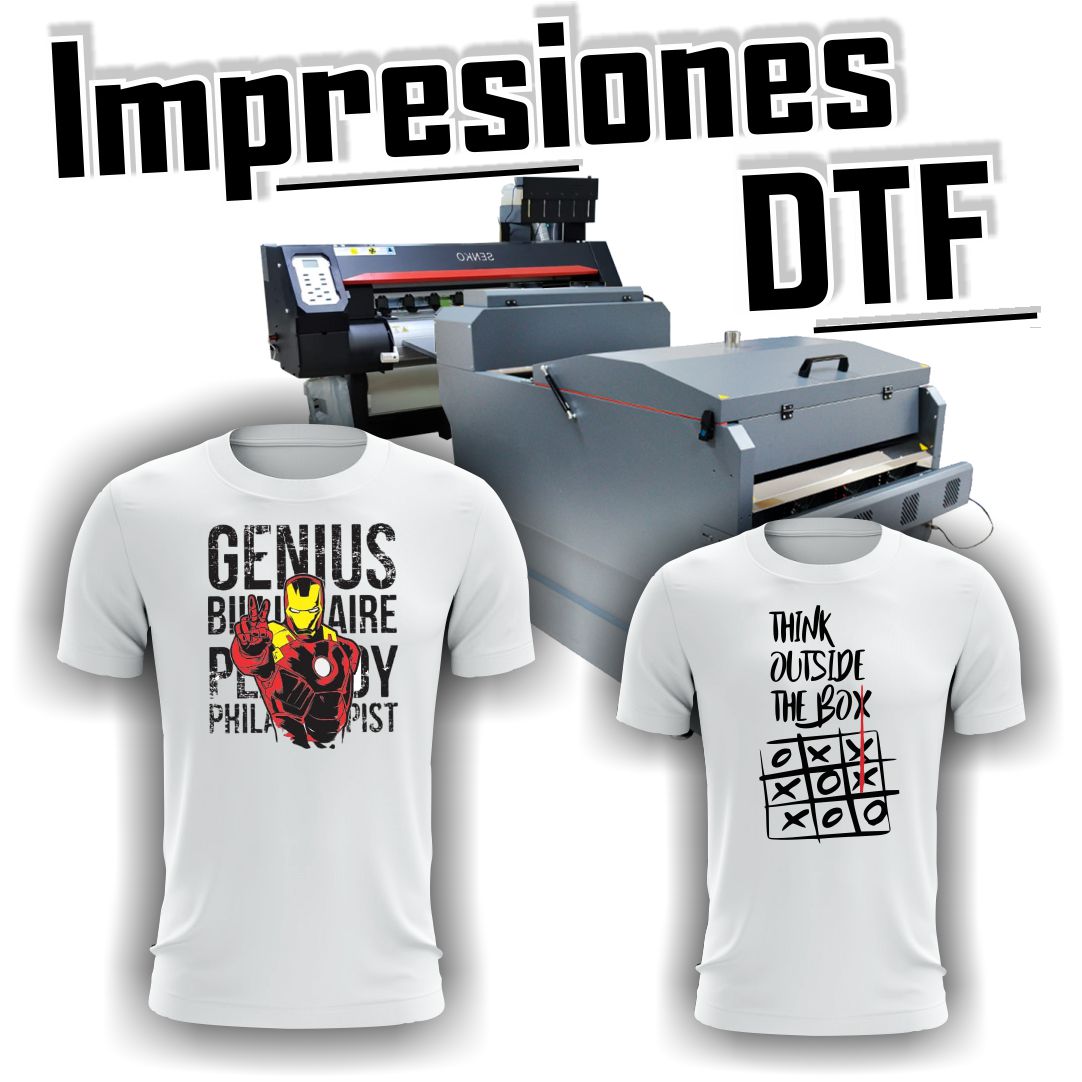 Impresiones DTF - Esta Técnica es la evolución de la Serigrafia ya que se puede imprimir color blanco permitiendo realizar estampas de Calidad Fotográfica sobre prendas de Algodón.