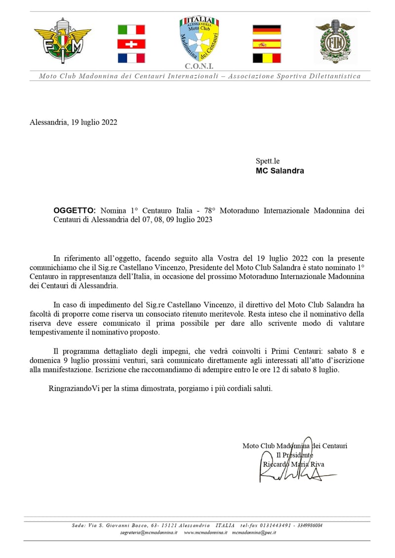 IL PRESIDENTE DEL MOTO CLUB SALANDRA, VINCENZO CASTELLANO, E' STATO NOMINATO 1° CENTAURO, IN RAPPRESENTANZA DELL'ITALIA , AL 78° MOTORADUNO INTERNAZIONALE DEI CENTAURI DAL 7 AL 9 LUGLIO 2023 A MADONNINA DEI CENTAURI DI ALESSANDRIA.