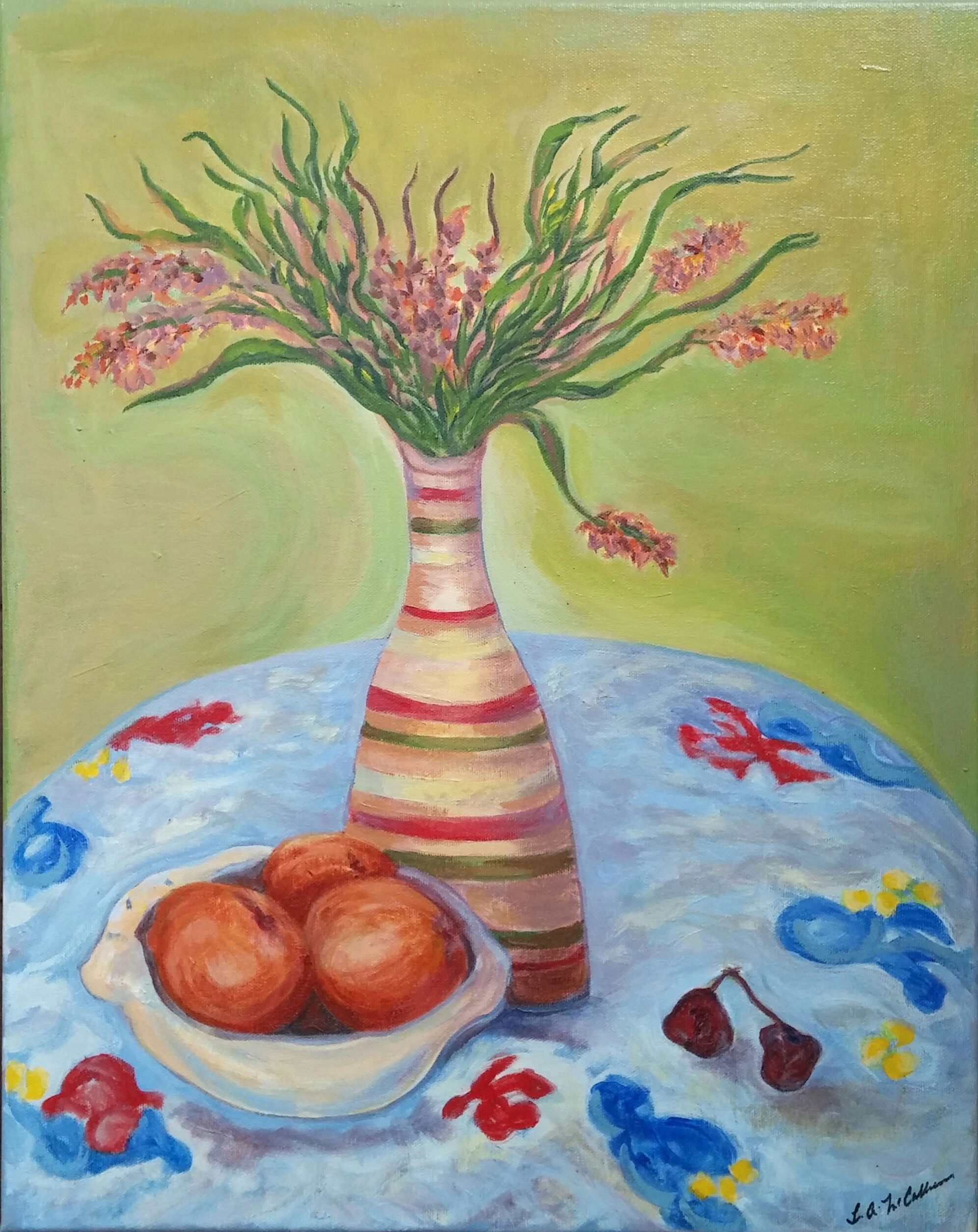 Fruit with Flowers on the Summer Tablecloth