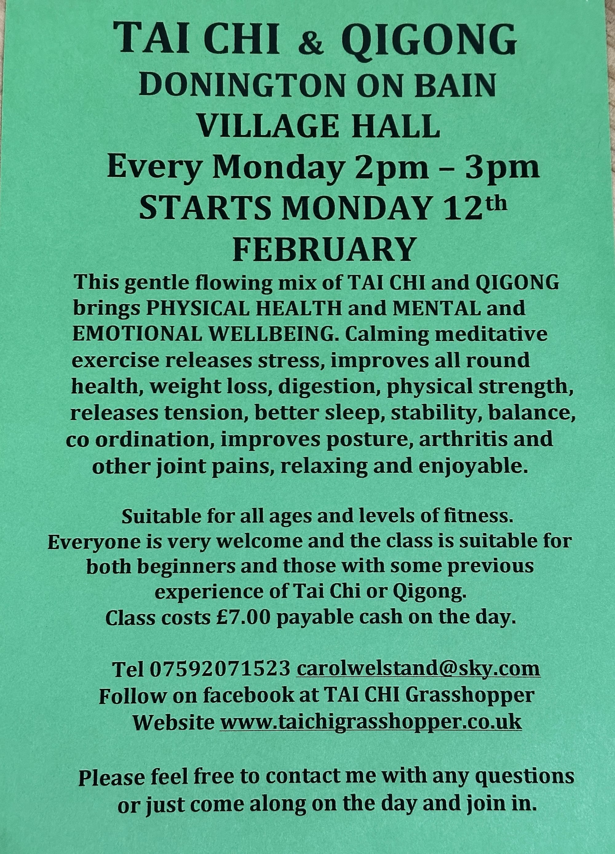 TAI CHI / QIGONG CLASS at Donington on Bain Village Hall EVERY MONDAY 2pm - 3pm. Click here for further details.