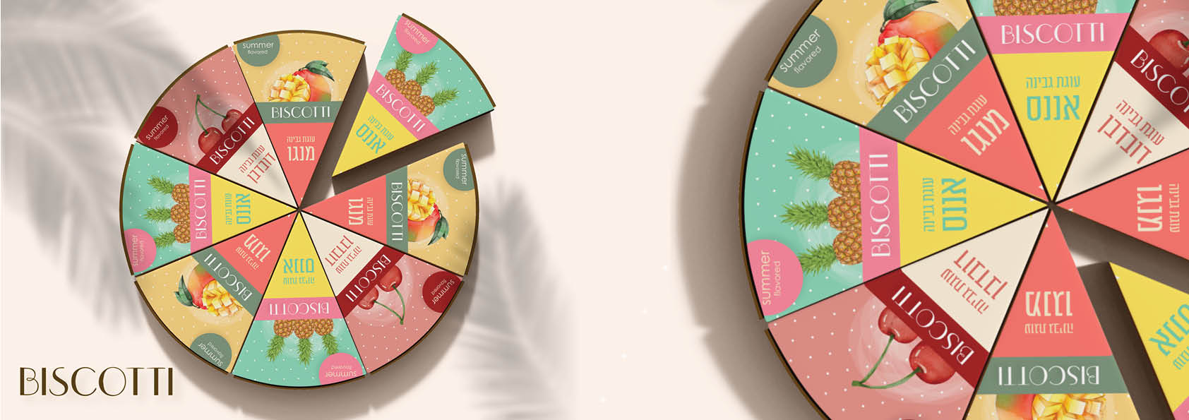 עיצוב אריזות לעוגות גבינה בטעמים קיציים- מנגו, אננס ודובדבן BISCOTTI