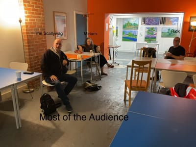 Ivor’s Daily Gallivant 

Thursday October 12, 2023

The day started off well with my alarm sounding at 7.00 am, when I got up and went for a run round the block and had a shower, and felt great afterwards. Today was the day of the launch event for my exhibition at October Books.

Breakfast was a bowl of granola with raisins and almonds with a cup of tea. For lunch I had an egg mayonnaise sandwich.

I felt tired after my run so set my timer for an hour and had a nap before setting out.

I caught the bus and it’s card reader wasn’t working, the driver queried if it was my bus pass. He said I look a lot older than the picture on the pass but he let me travel.

During the journey I tried to work out how old the photo was, and didn’t know it must have been over twelve years since it was taken.

When I got to Portswood I had a Chilli con Carne in Poppins, with a coffee. The food was okay but it was a small portion, expensive for what it was, and  gave me diarrhoea. (or perhaps it was the egg sandwich I had earlier in the day)

When I got to October Books, I met Clare who made me a cup of tea. My exhibition had a small audience. (It was a question of quality rather than quantity of person) So far I’ve sold a few of my postcards and a portrait sketch but am a long way from reaching my break even point.

Much to my delight I discovered The Gallivant has more readers than I imagined….Thanks folks any support and encouragement is greatly appreciated.

I thought I was going to have a long and tortuous bus ride home with a couple of long waits at rain drenched bus stops for good measure. But my luck was good and Rick who I often chat with on messenger gave me a lift home.

I invited him in for tea and we had a chinwag and he said he would try and fix my windows.

Although not an ideal outcome, it was a pleasant evening, I’m glad my artwork has been seen, and if I sell one of my paintings I will make an overall profit.