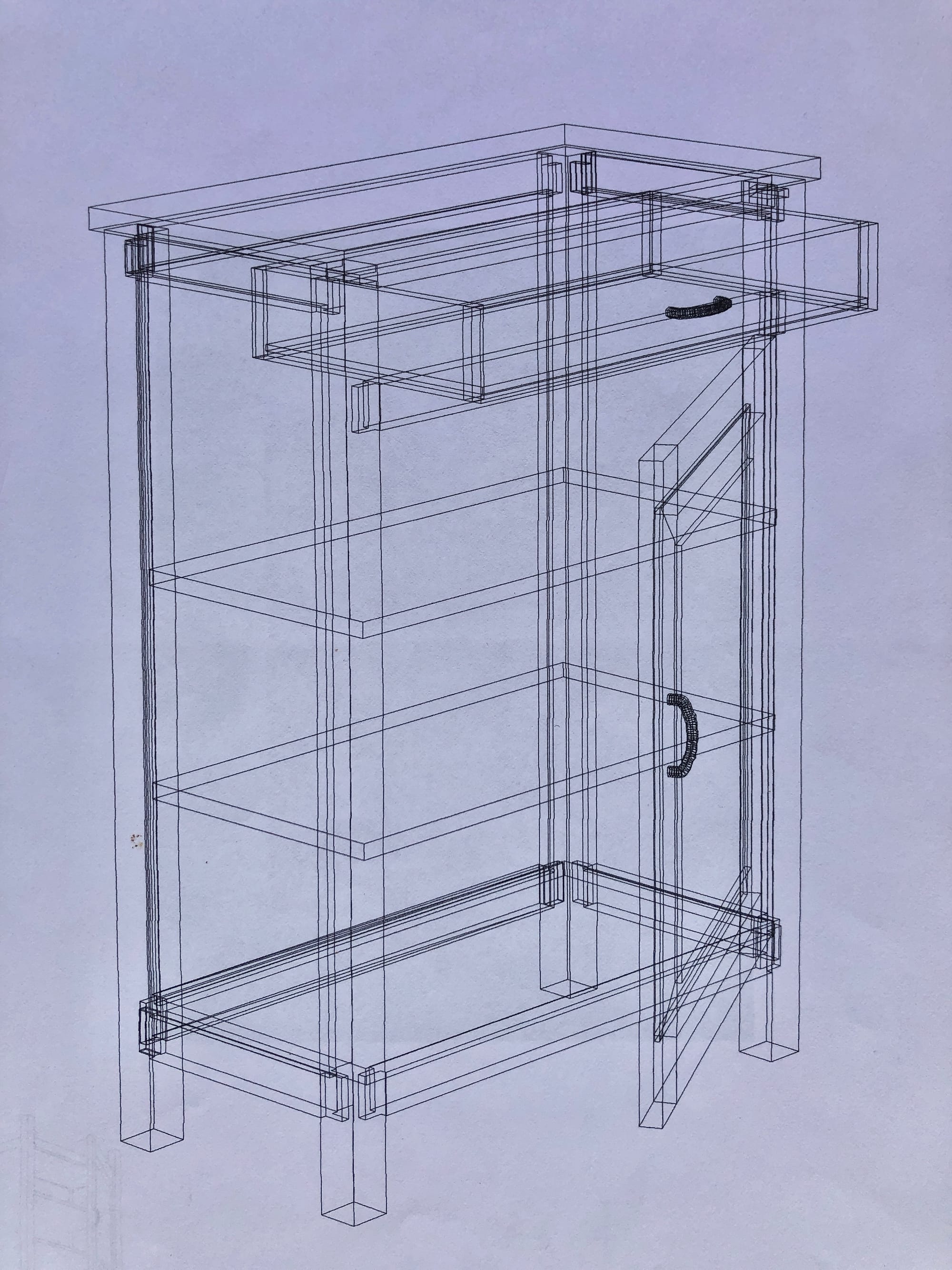 Croqis 3D du meuble de rangement fait au cours du stage que j'animais