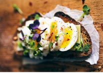 Two Ratatouille Guacamole ZEA Toasts  with Soft-Boiled Eggs