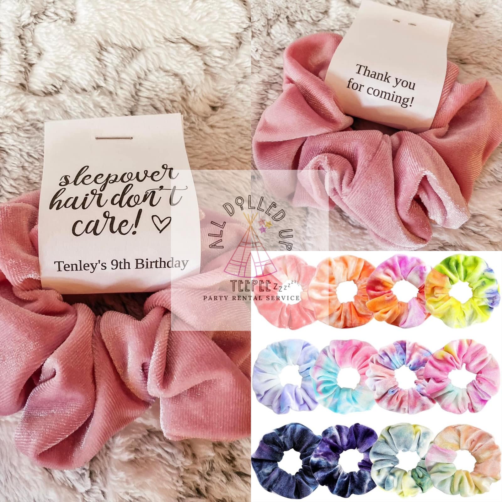 Scrunchie with party tag (colors will vary)