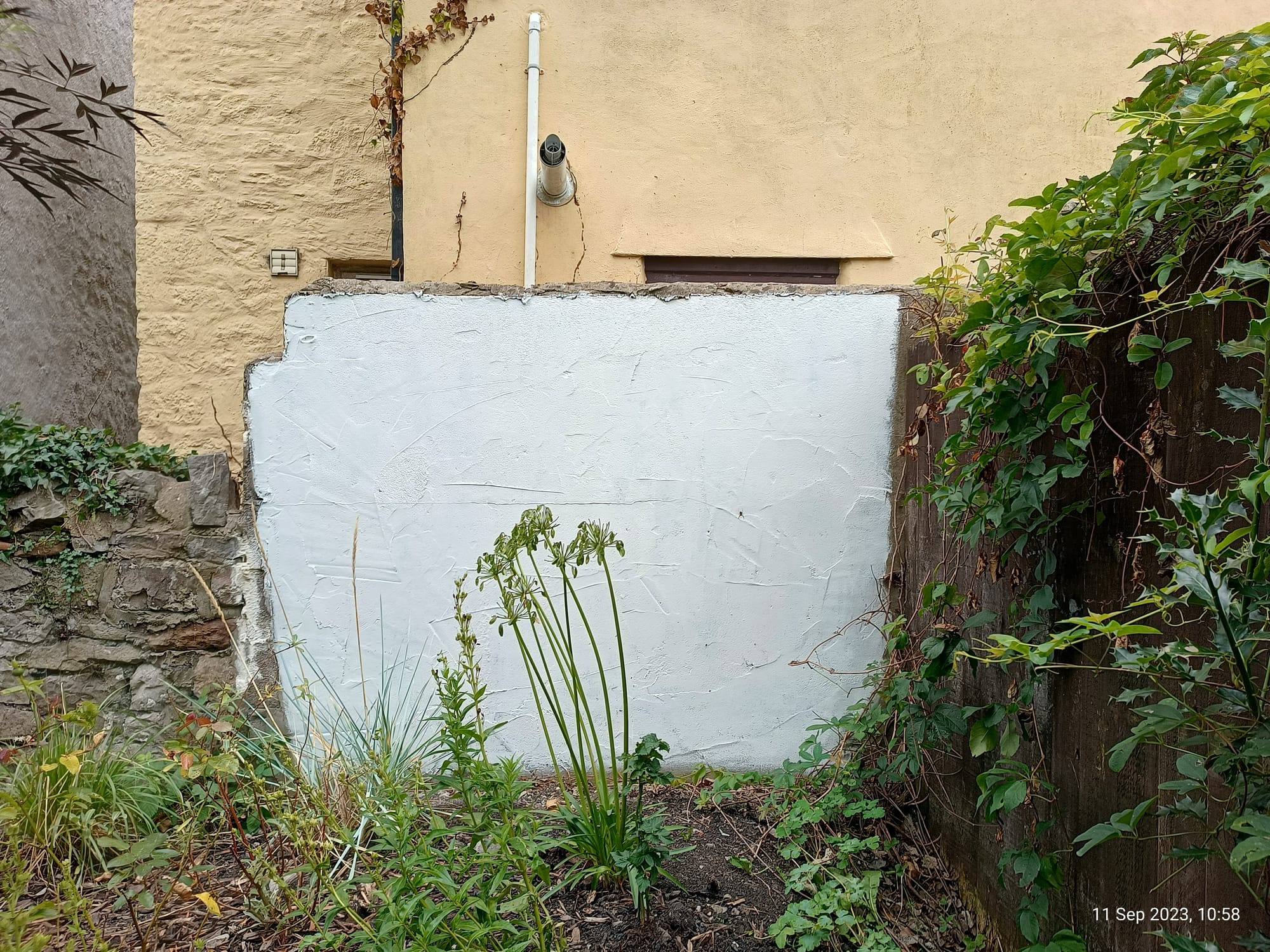 Before Picture: garden wall before Bristol Channel Sunset Graffiti added