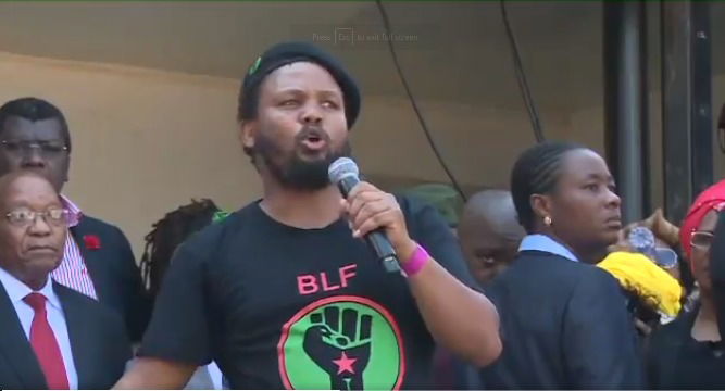 THE BLF LEADER ANDILE MNGXITAMA TO SUPPORT FORMER PRESIDENT JACOB ZUMA DURING HIS CORRUPTION CHARGES.