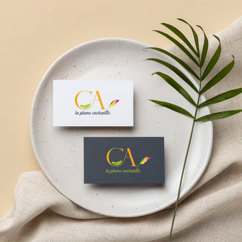 Mockup carte de visite - La plume enchantée branding / création graphique Logo et charte graphique - écriture responsable / naturel / environnement / santé / plantes