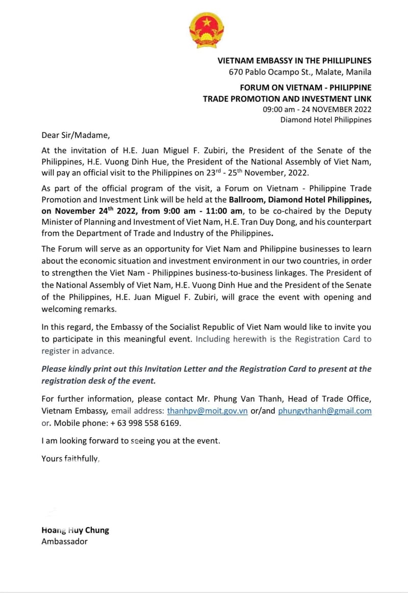 Invitation From Vietnam Ambassador Mr. Hoang