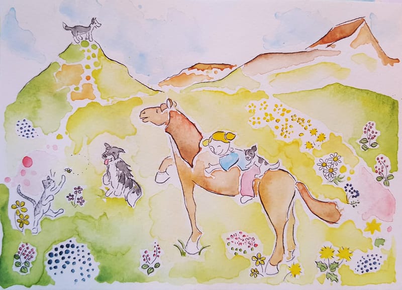 Girl with horse, cat and three dogs