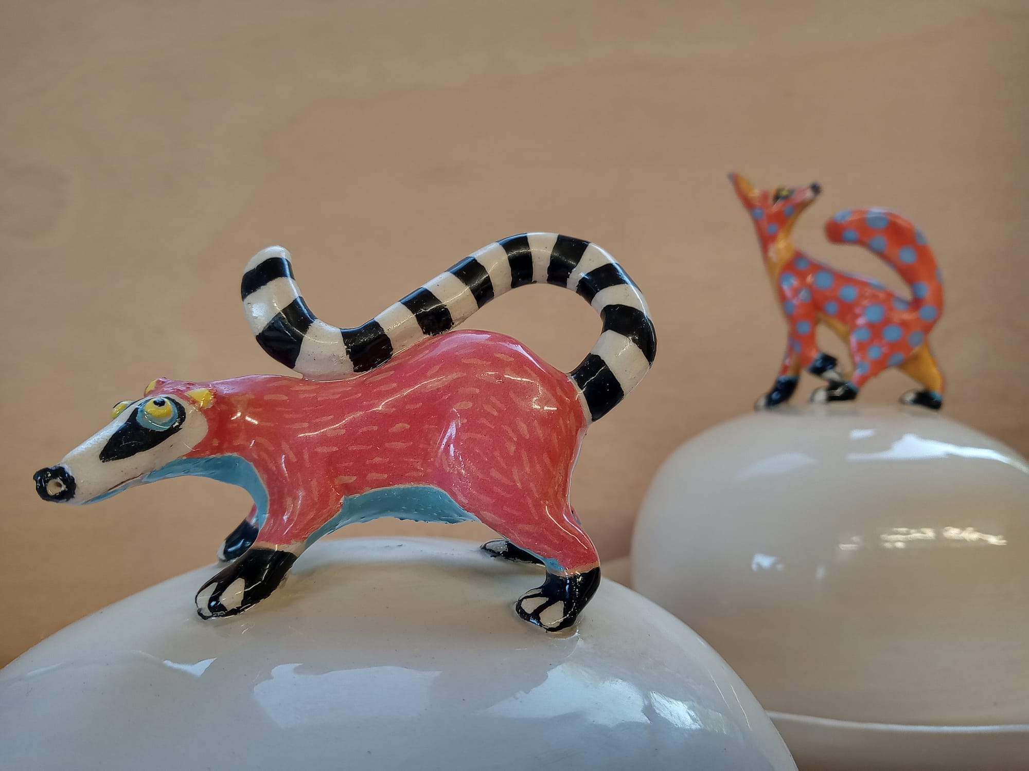 Glazed ceramic figurines inspired by Oaxacan woodcarvings