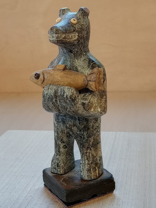 Soapstone and wood carving of bear and fish. 120 x 450 x 450mm.