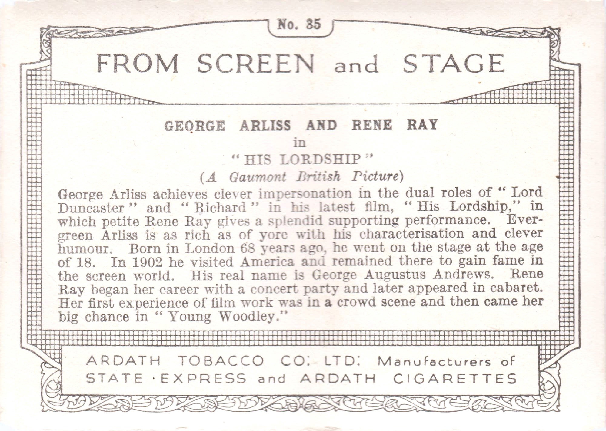 GEORGE ARLISS AND RENE RAY in "HIS LORDSHIP"