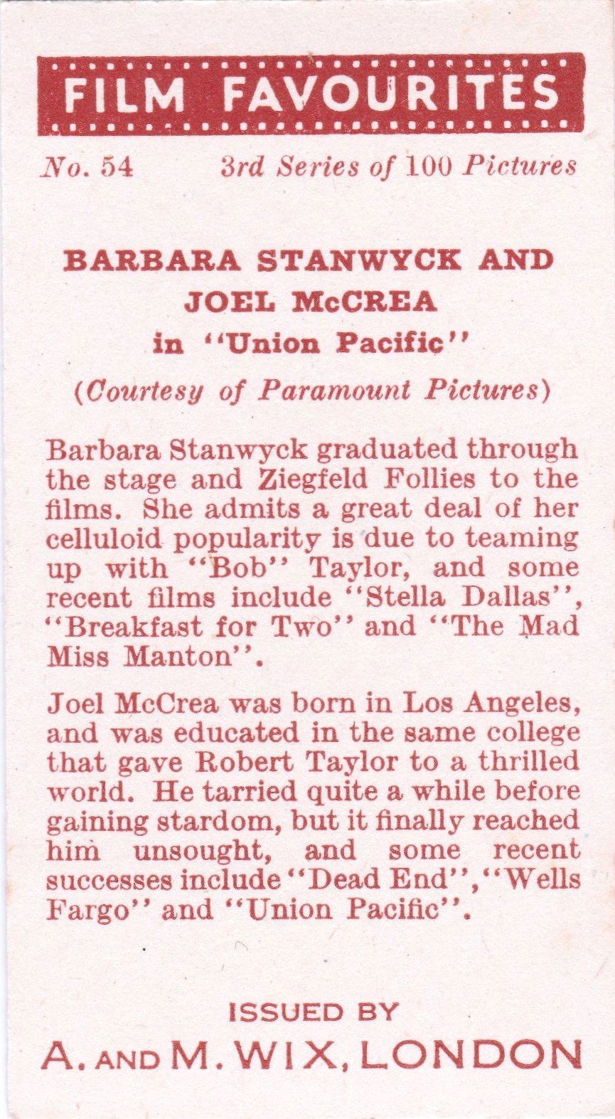 BARBARA STANWYCK AND JOEL McCREA in "UNION PACIFIC"