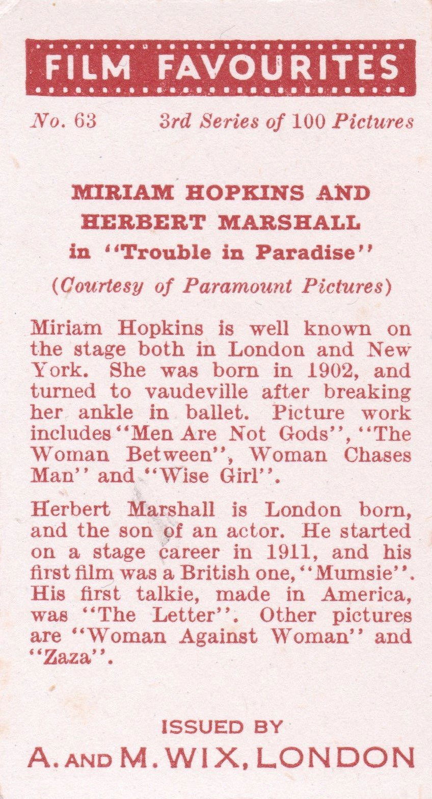 MIRIAM HOPKINS AND HERBERT MARSHALL in "TROUBLE IN PARADISE"