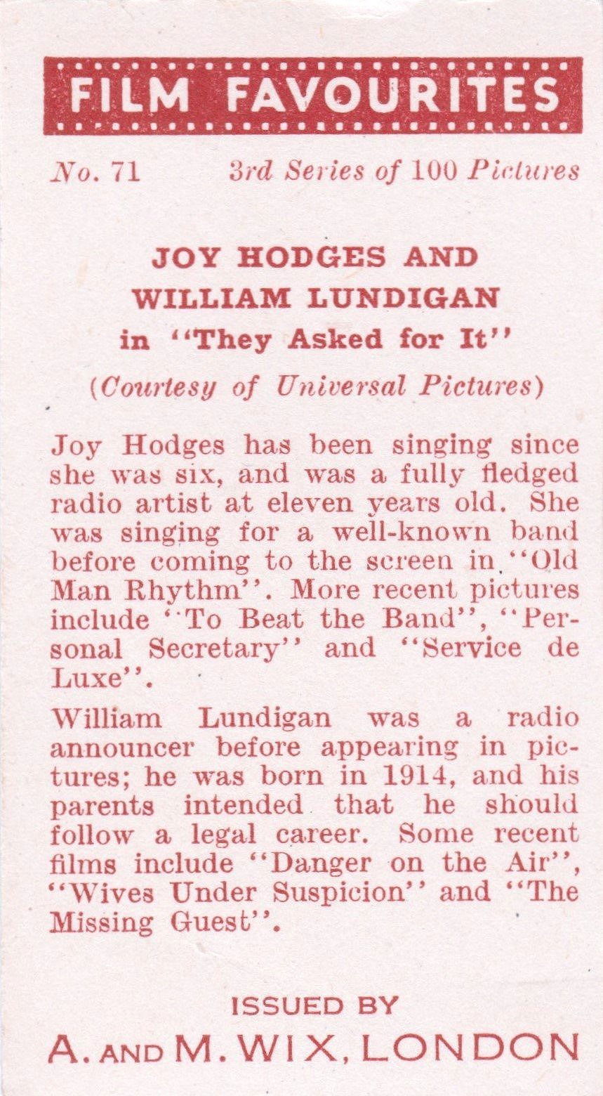 JOY HODGES AND WILLIAM LUNDIGAN in "THEY ASKED FOR IT"