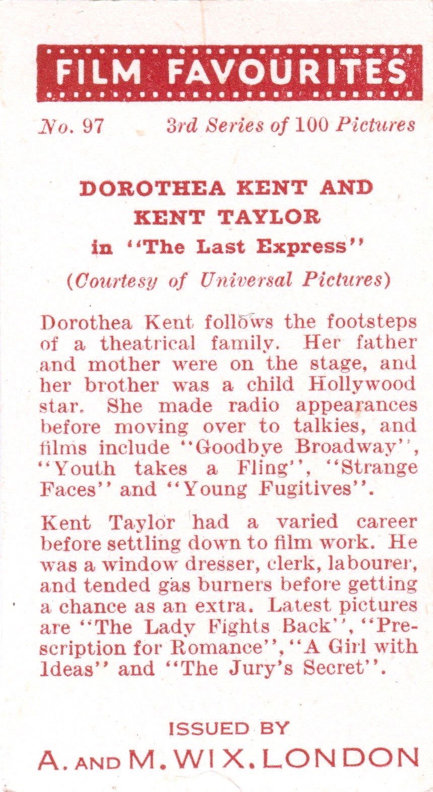 DOROTHEA KENT AND KENT TAYLOR "THE LAST EXPRESS"