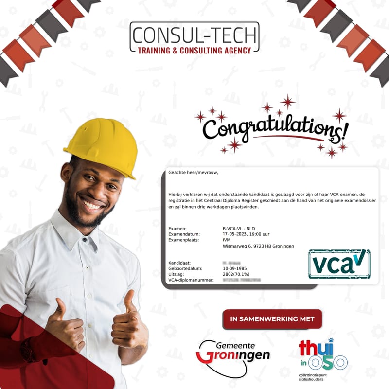 🎉🎓 We vieren het buitengewone succes van één van onze Eritrese kandidaten die recentelijk het VCA-Basis examen met vlag en wimpel heeft behaald!