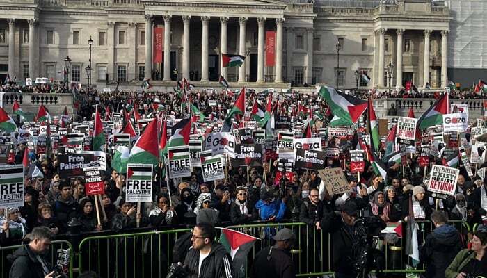 Protest in central, London to express, solidarity, with Palestine, participation of more than, 100,000 people