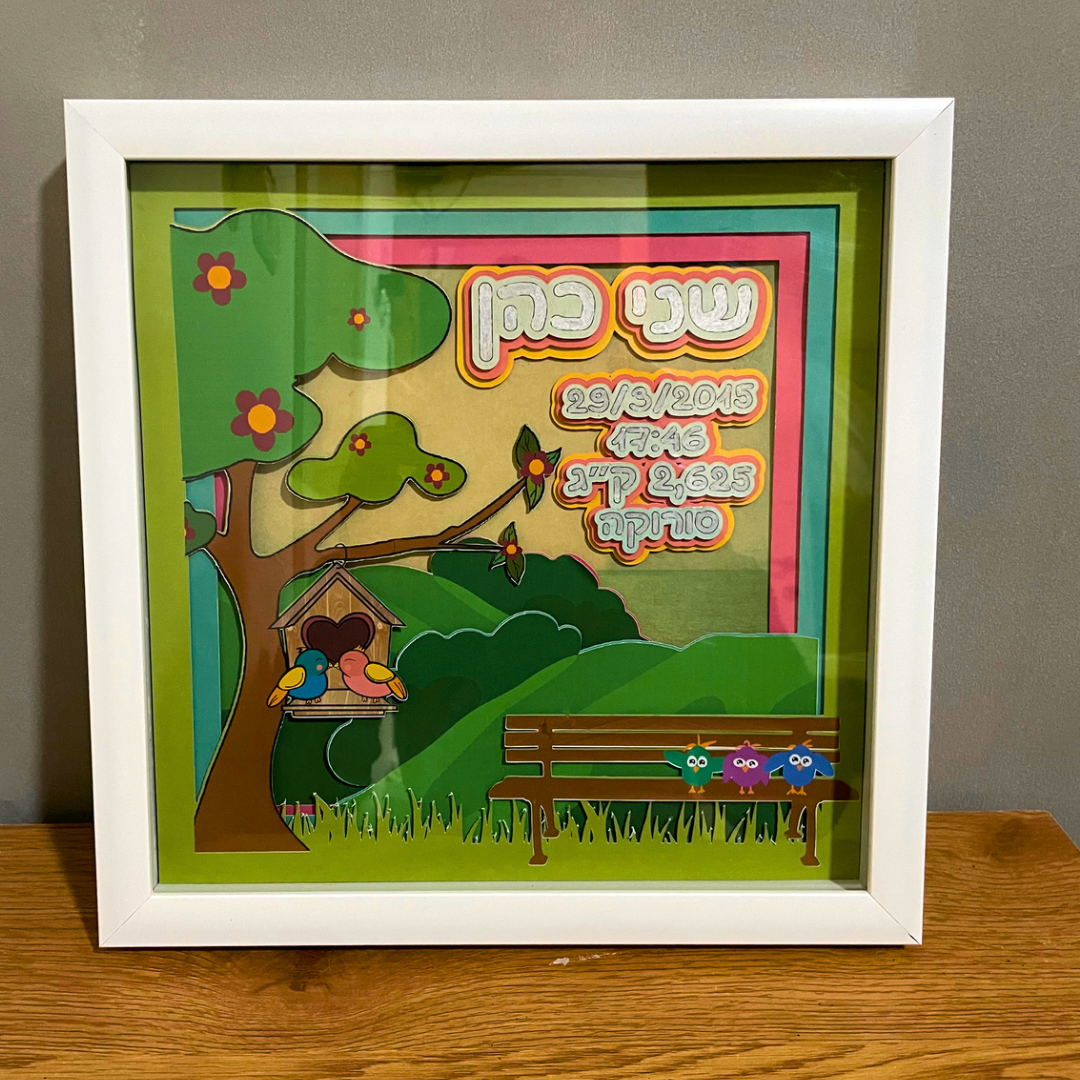 תעודת לידה מוארת/ ללא תאורה במסגרת תלת מימדית לתליה על קיר