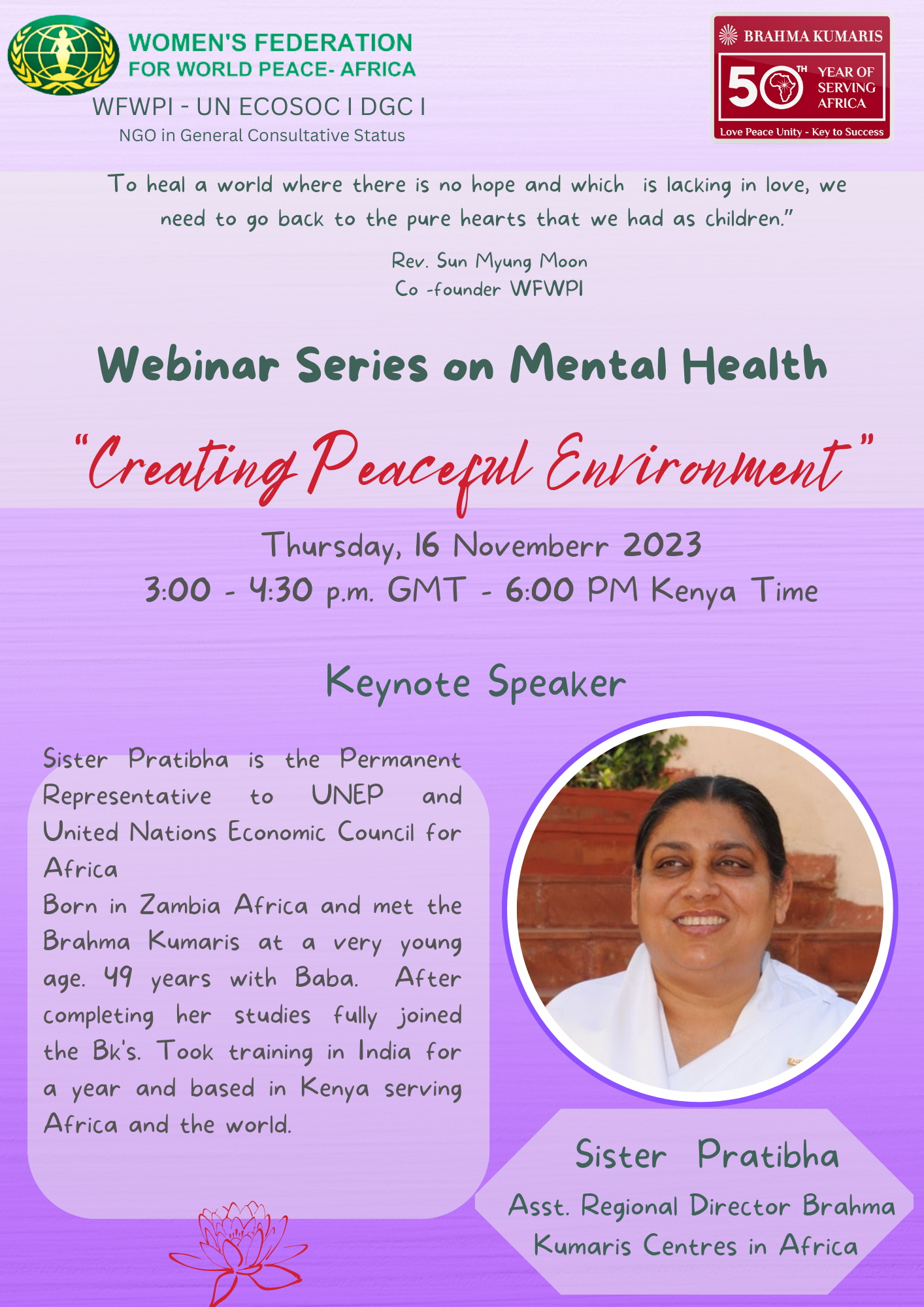 Virtual Event on Mental Health program in partnership with Brahma Kumaris: Creating a Peaceful Environment with Sr. Patibha