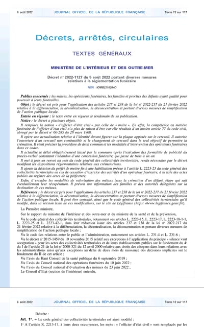 décret n° 2022-1127 du 5 août 2022 portant diverses mesures relatives à la réglementation funéraire