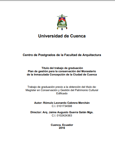 Plan de gestión para la conservación del Monasterio de la Inmaculada Concepción de la Ciudad de Cuenca