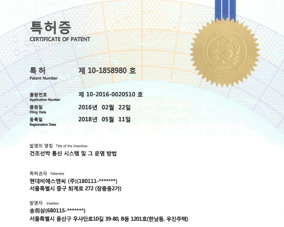 Patent certificate of "Building Ship Communication System and Its Operation Method"