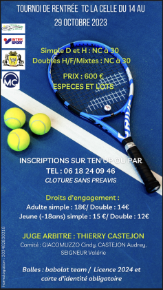 Tournoi de rentrée du 14 au 29 octobre 2023