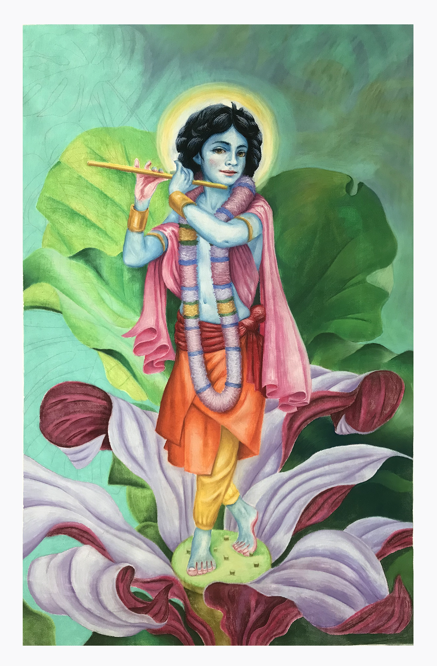 Flute Krishna in Purple-Burgundy Flower
