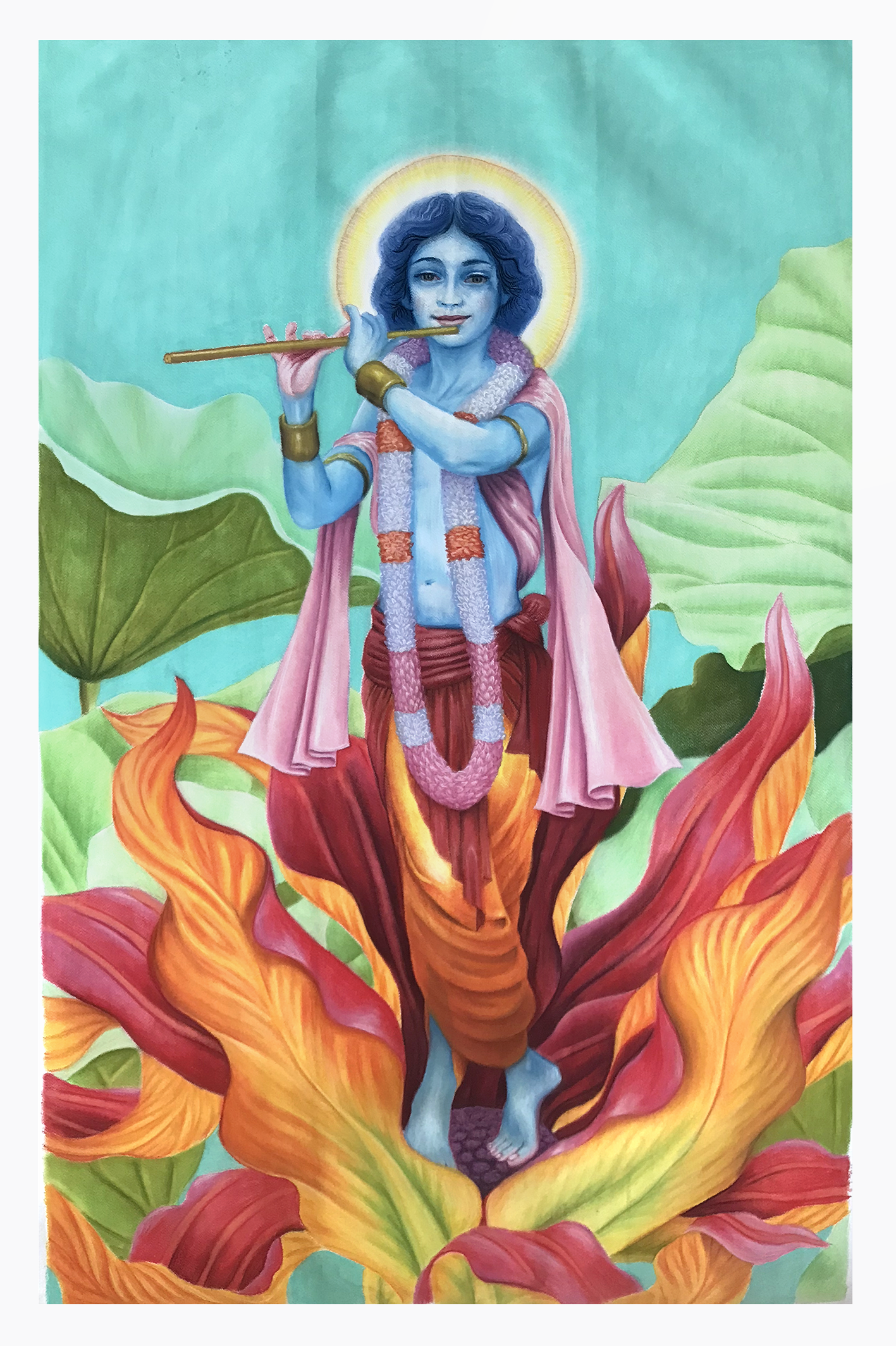 Flute Krishna in Red-Orange Flower