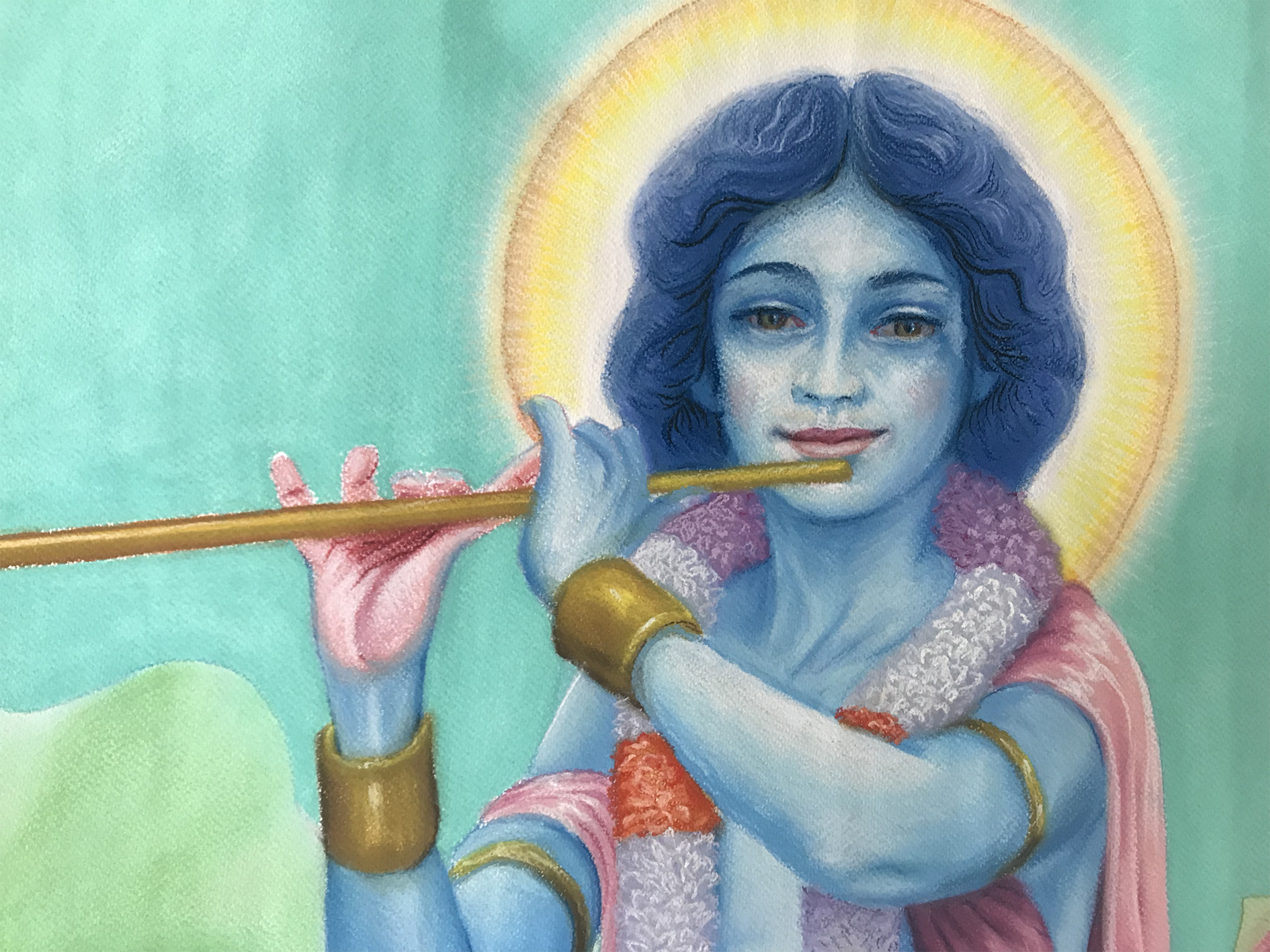 Flute Krishna in Red-Orange Flower