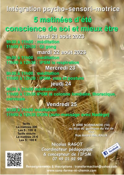 IPSM - 5 matinées d'été - conscience de soi et mieux être - du 21 au 25 août 2023