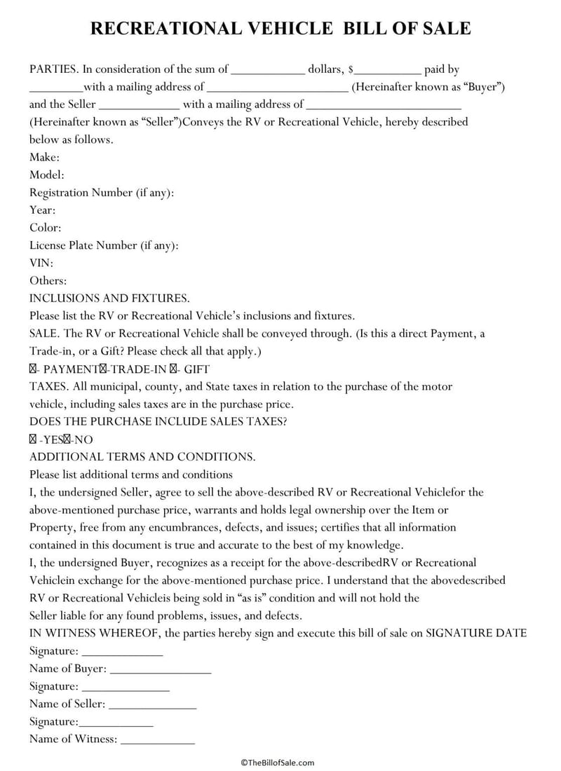 Recreational Vehicle (RV) Bill of Sale Form - PDF - eForms