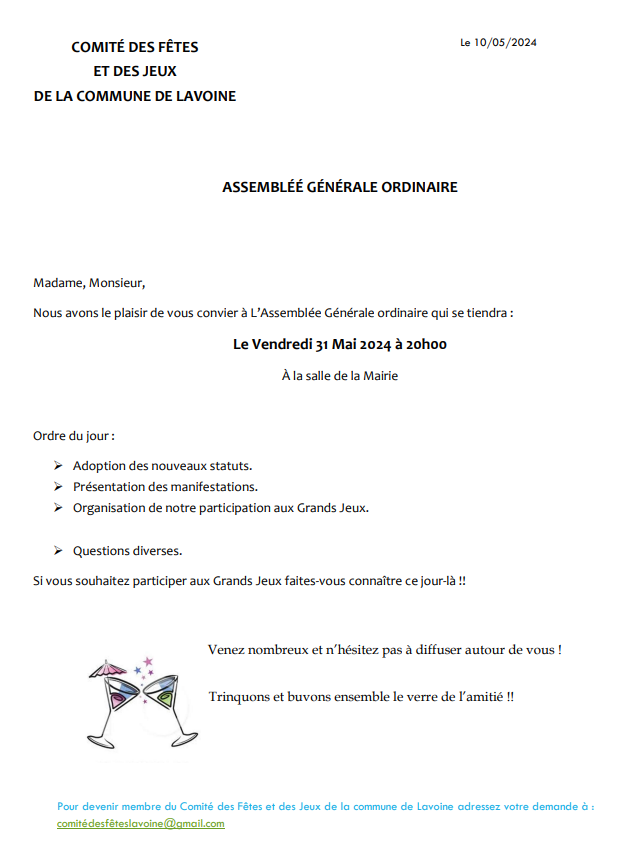 Assemblée Générale du Comité des Fêtes et des jeux