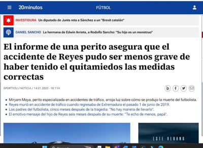 El informe de una perito asegura que el accidente de Reyes pudo ser menos grave de haber tenido el quitamiedos las medidas correctas