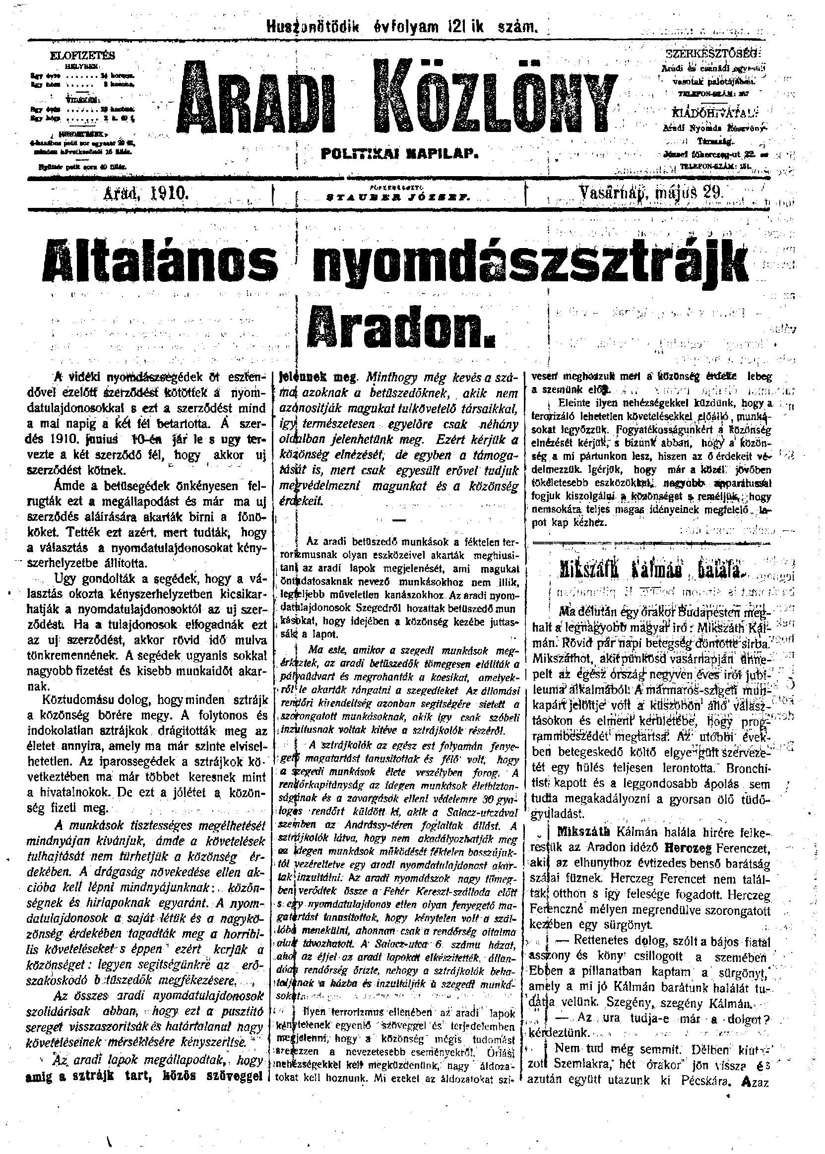 Extrase din Almanahul Mare Ilustrat al cotidianului Aradi Közlöny pe anul 1910