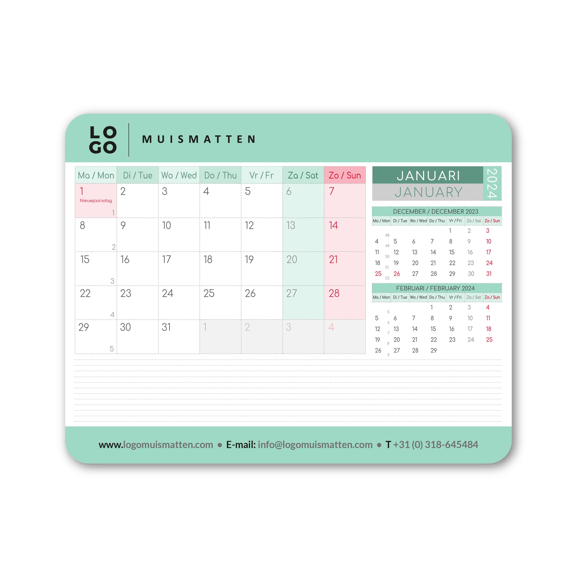 KALENDER MUISMAT MMK1 | 1 BLAD PER MAAND BEDRUKT |12 MAANDEN + EXTRA FOLIE