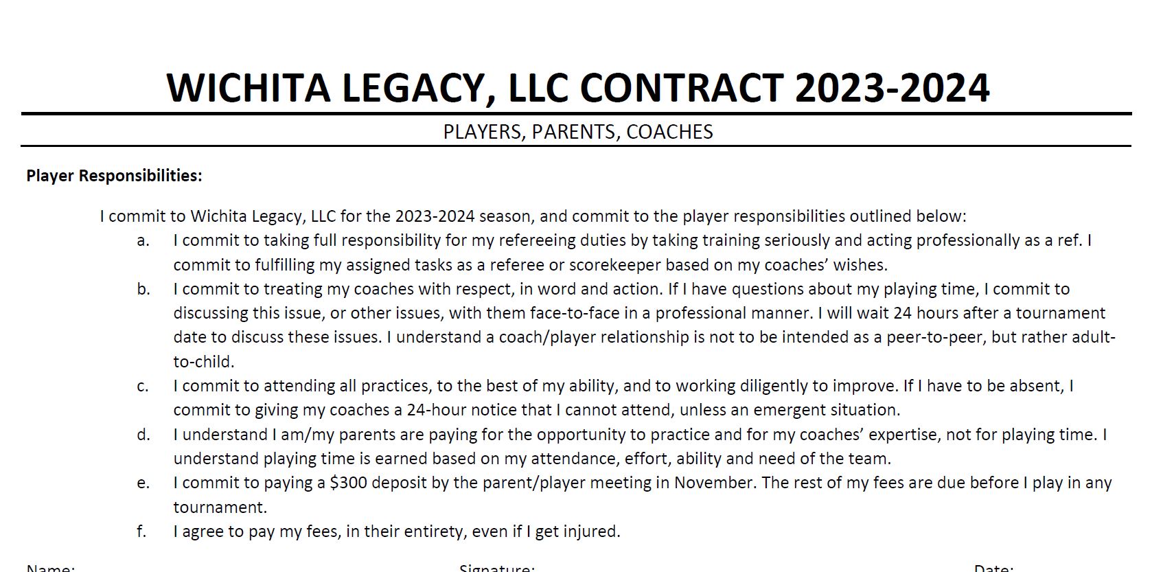 PLAYER/PARENT/COACH CONTRACT